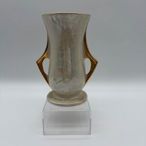 Vintage Iridescent Pearlescent Lusterware Vase Hand Decorated 22KT Gold 8 Inch